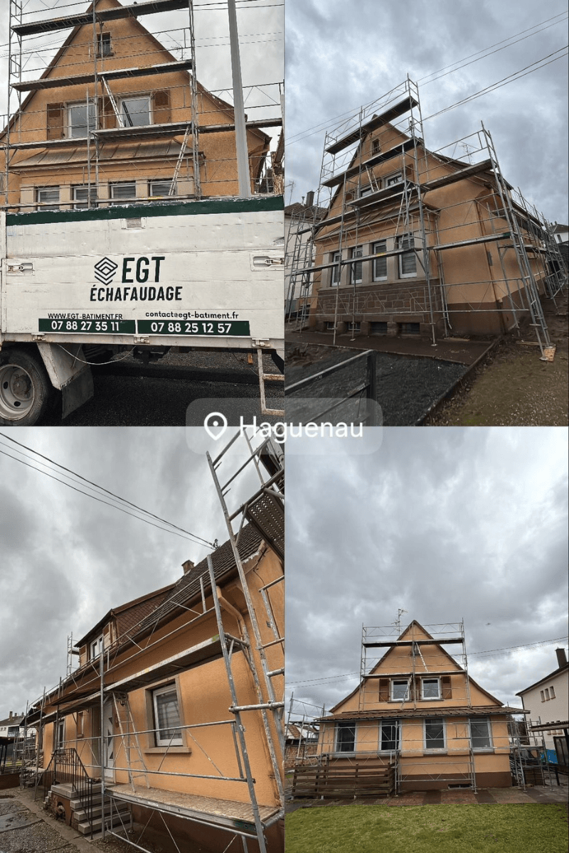 Échafaudage de pied avec doublage des plateaux ainsi que montage sur toiture pour des travaux de rénovation sur une maison individuelle à Haguenau
